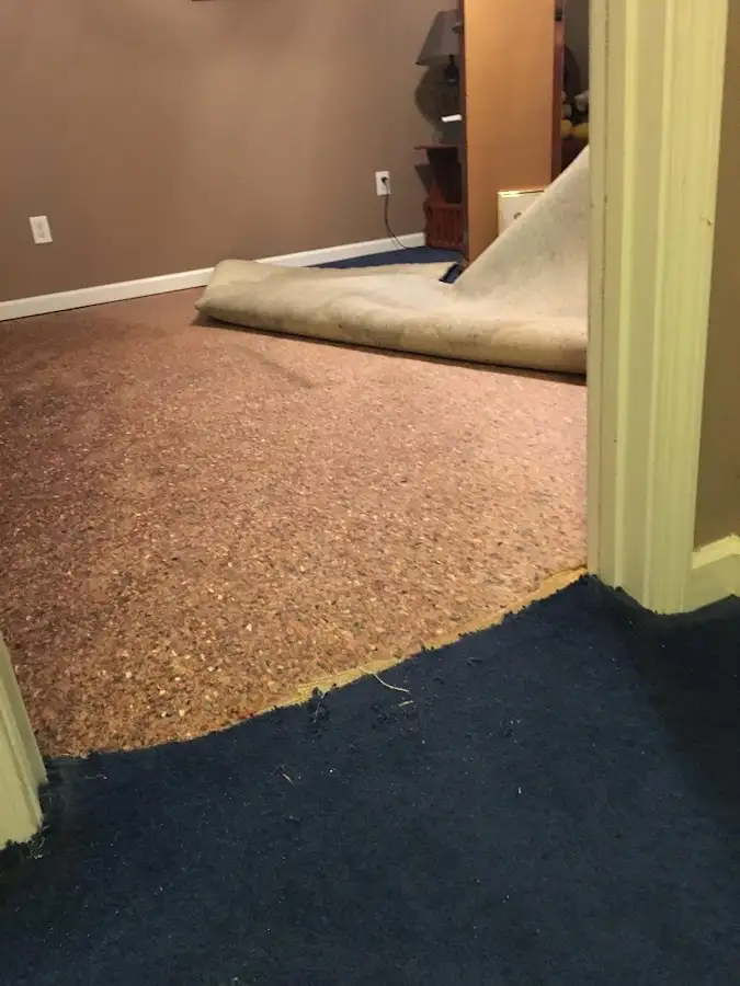Carpet pad removal revealing water damage during Drying & Dehumidification in Cleburne